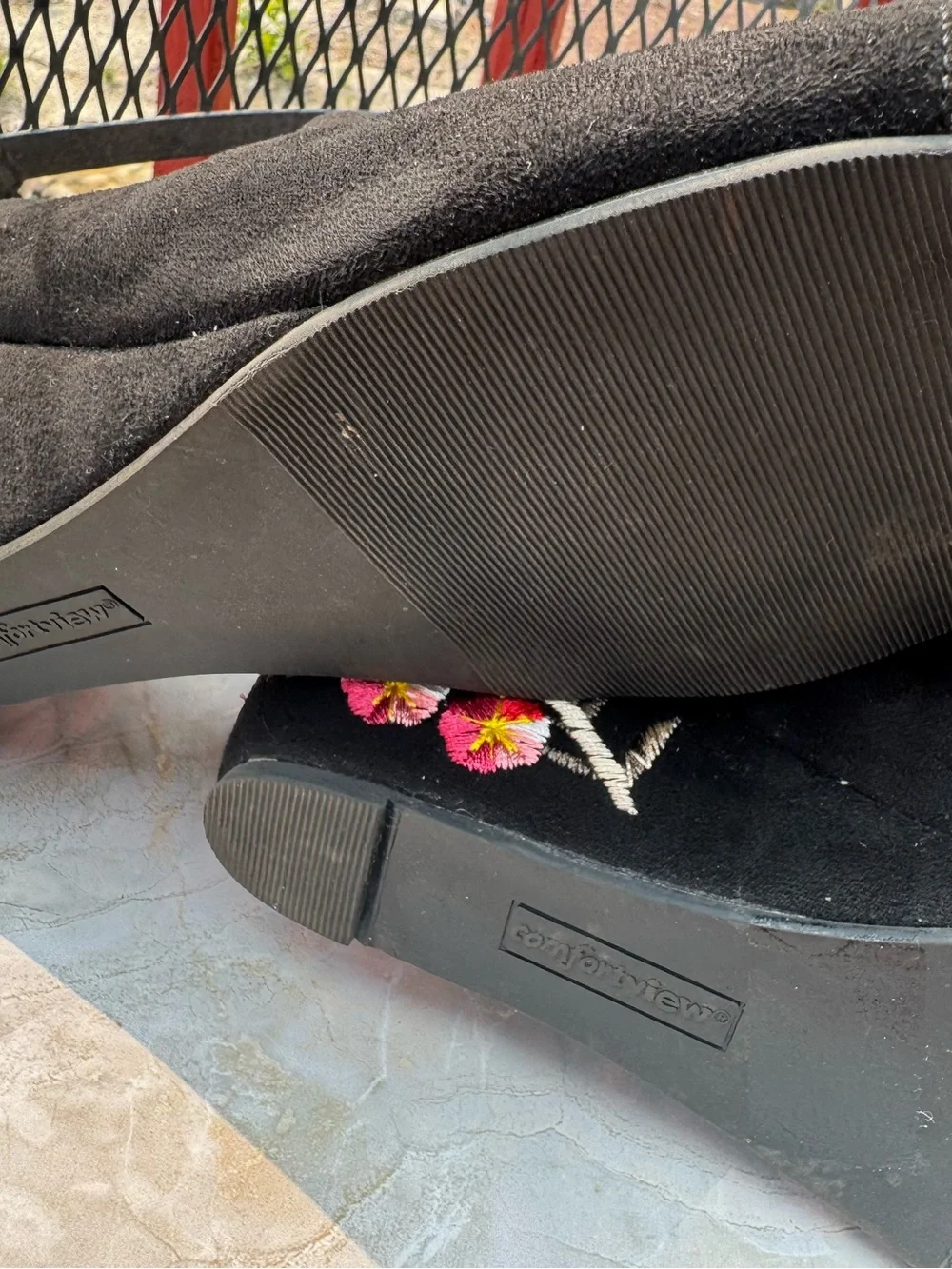 Black Swede  Comfortview , Open-Toe Wedge Sandals with Floral Heel, Size 10 WW.